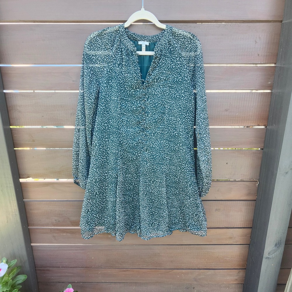 Joie Green Animal Print Mini Dress Long Sleeve Flowy Sheer Feminine XS/S